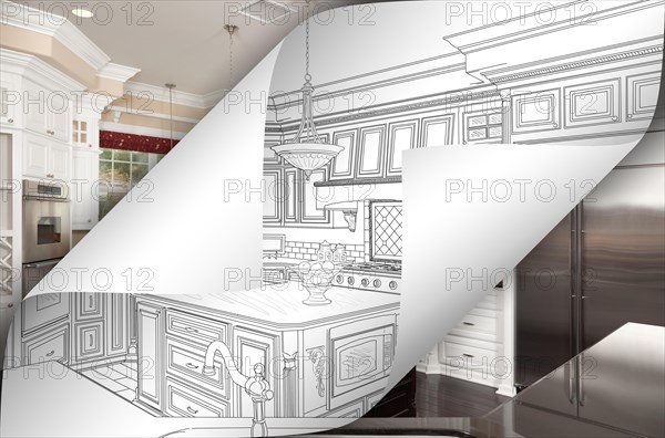 Kitchen drawing page corners flipping with photo behind