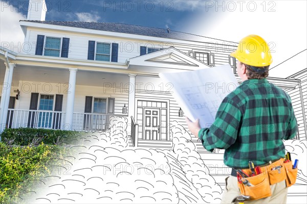 Male contractor with hard hat and tool belt looking at custom house drawing photo combination on white