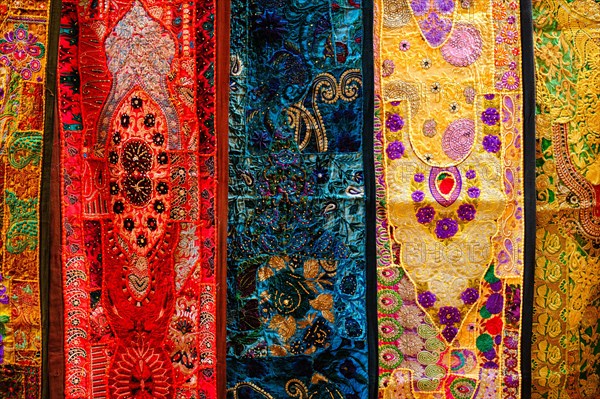 Indian patchwork fabric with traditional Indian patterns close up. Jasialmer