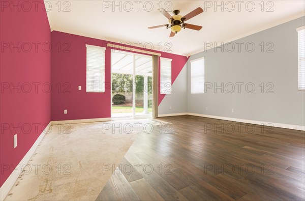 Empty room with cross section showing before and after with new wood floor and paint