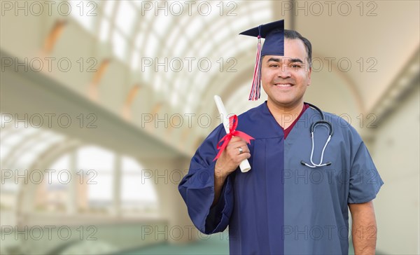 Split screen of hispanic male as graduate and nurse on campus or at hospital