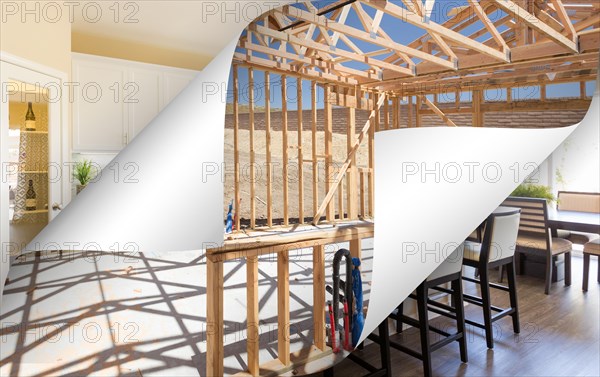 Kitchen construction framing with page corners flipping to completed photo