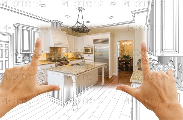 Female hands framing custom kitchen design drawing and square photo combination