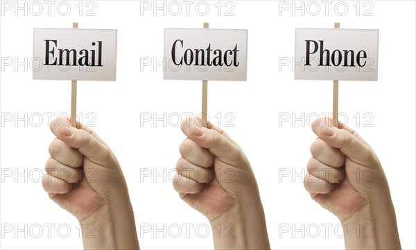 Three signs in male fists saying email