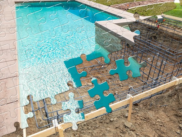 Puzzle pieces fitting together revealing finished pool build over construction