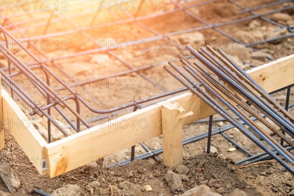 New steel rebar framing abstract at construction site