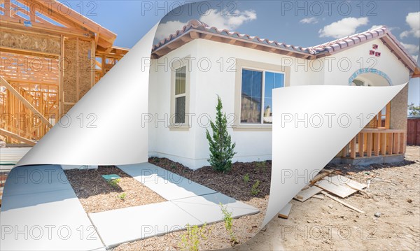 Completed house with page corners flipping to construction framing behind