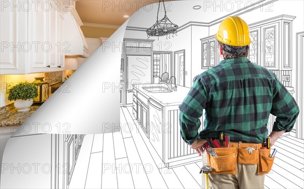 Contractor facing kitchen drawing with page corner flipping to completed photo behind