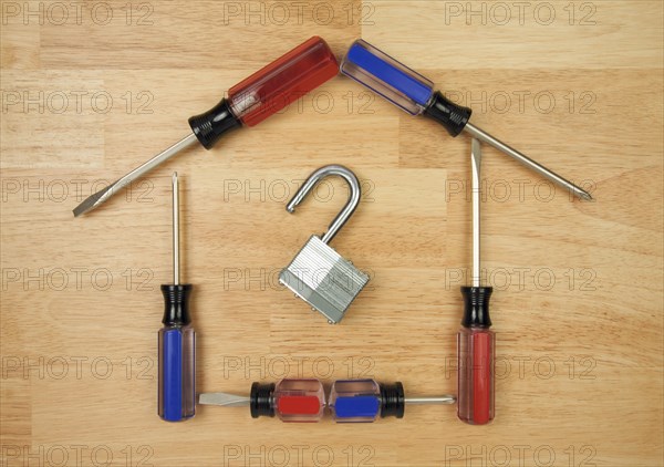 House shaped by screwdrivers and lock on a wood background