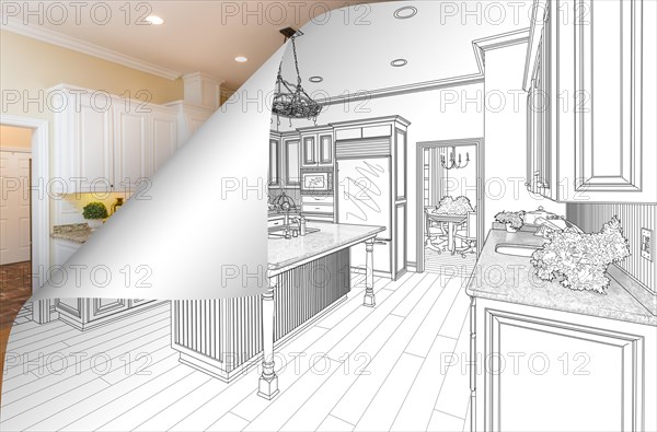 Kitchen drawing page corner flipping with photo behind