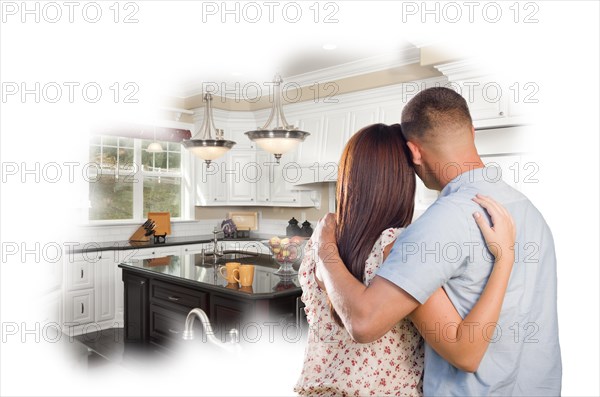 Daydreaming young military couple over custom kitchen photo inside thought bubble