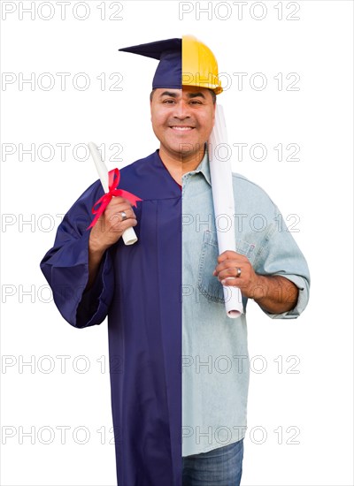 Split screen male hispanic graduate in cap and gown to engineer in hard hat concept