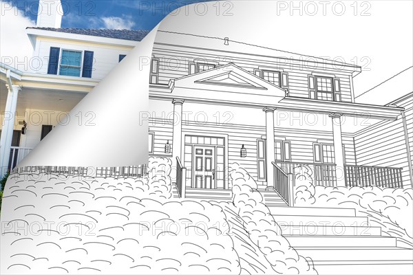 House drawing page corner flipping with photo behind