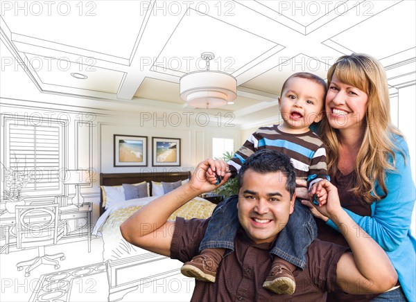 mixed-race family with baby over custom bedroom drawing and photo combination