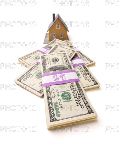 Home and stacks of money isolated on a white background