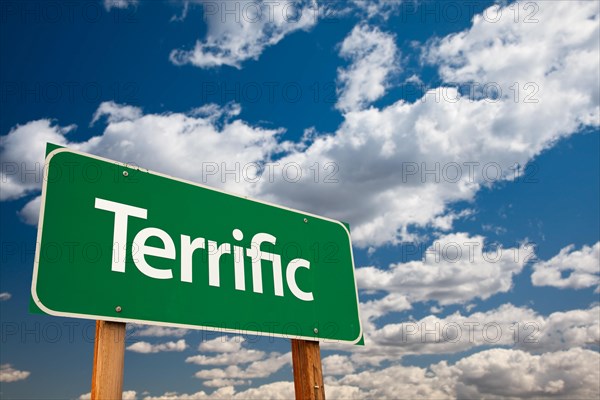 Terrific green road sign with dramatic clouds and sky