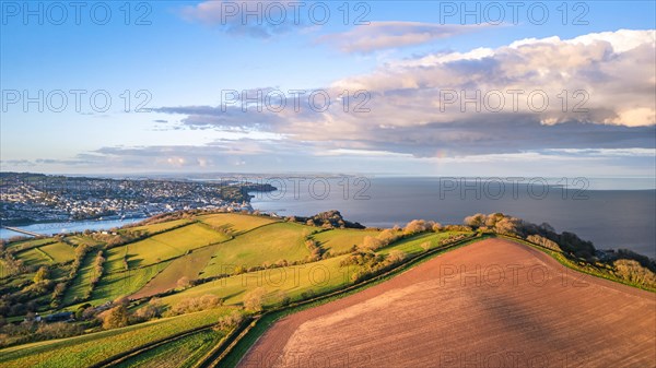 Devon Fields and Farmlands at sunset time from a drone over Shaldon and Teignmouth from Labrador Bay