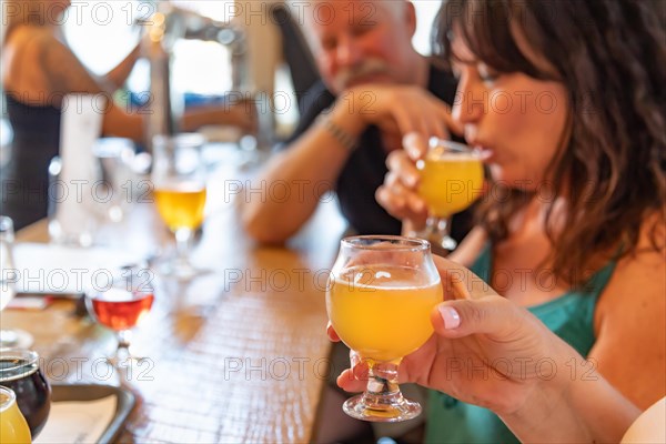 Group of friends enjoying glasses of micro brew beer at bar