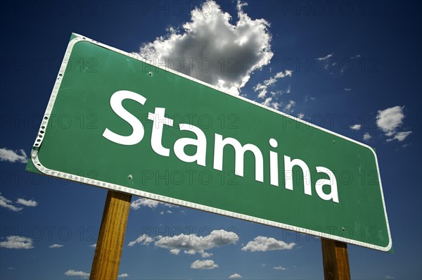 Stamina road sign with dramatic clouds and sky