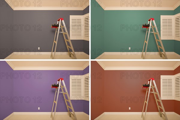 Set of empty rooms painted in variety of colors with ladder