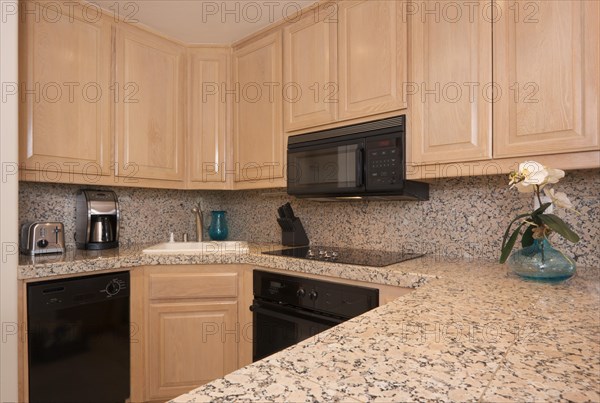 Modern kitchen interior with marble countertop