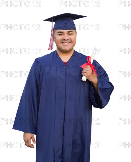 Hispanic male with deploma wearing graduation cap and gown isolated
