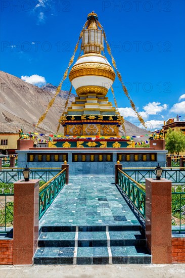 Buddhist gompa with prayer flags. Tabo monastery