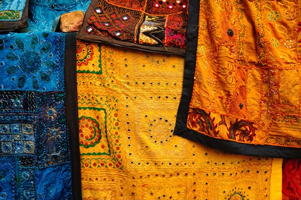 Indian patchwork fabric with traditional Indian patterns close up. Jasialmer