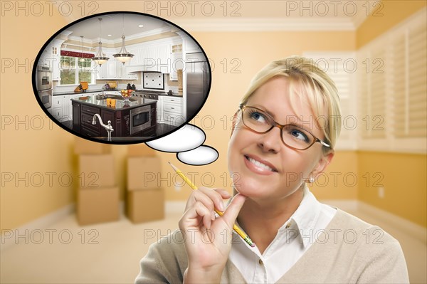 Attractive woman in empty room with thought bubble of a new kitchen design