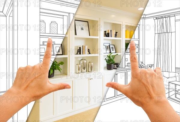 Hands framing custom built-in shelves and cabinets design drawing with section of finished photo