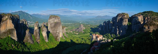 Monastery of Rousanou and Monastery of St. Nicholas Anapavsa in famous greek tourist destination Meteora in Greece in the morning