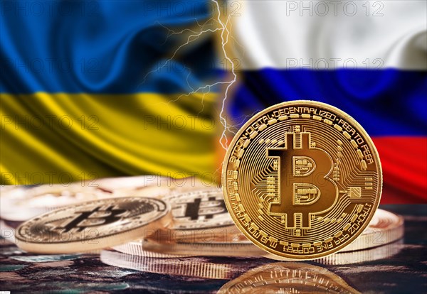 Bitcoin coin with russian and ukrainian flag background