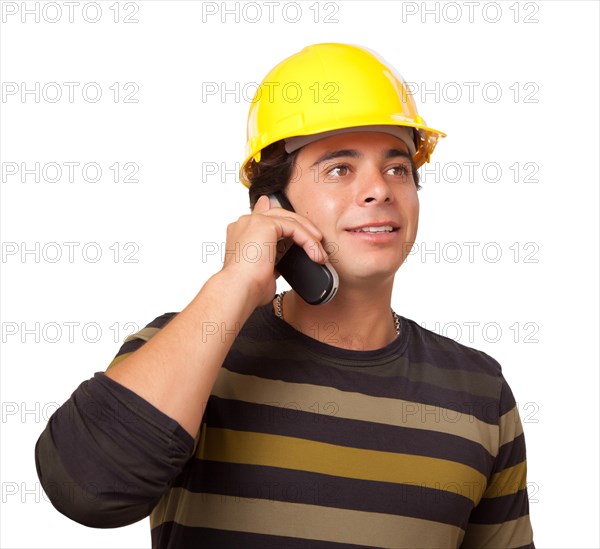 Handsome hispanic contractor with hard hat talking on his cell phone transparent PNG