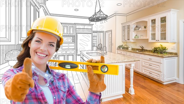 Female construction worker in front of custom kitchen drawing gradating to finished kitchen photo
