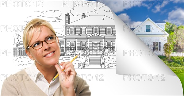 Woman facing house drawing page corner flipping with photo behind