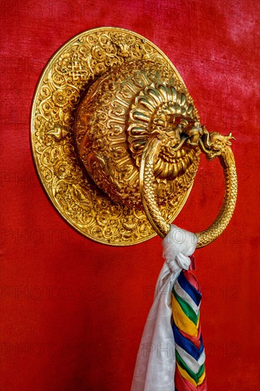 Lion shaped door handle in Buddhist temple. Kaza