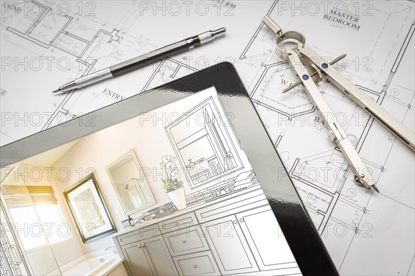 Computer tablet with master bathroom design over house plans