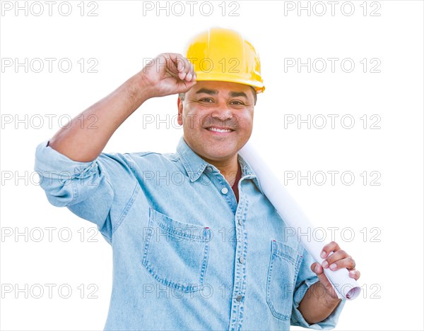 Hispanic male contractor in hard hat with blueprint plans isolated on a white background