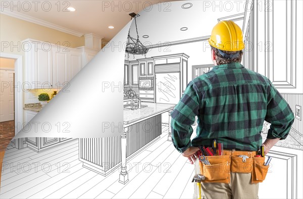 Contractor facing kitchen drawing with page corner flipping to completed photo behind