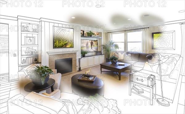 Custom living room drawing brush stoke gradation into photograph