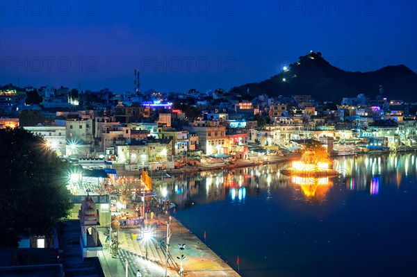 View of famous indian hinduism pilgrimage town sacred holy hindu religious city Pushkar with Brahma temple