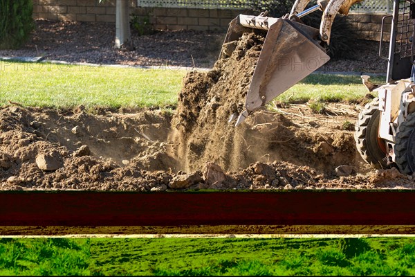 Small bulldozer digging in yard for pool installation