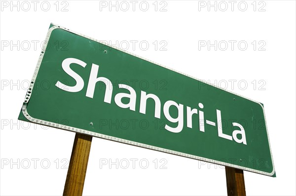 Shangri-La green road sign isolated on a white background with clipping path