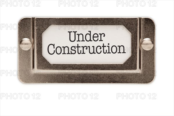 Under construction file drawer label isolated on a white background
