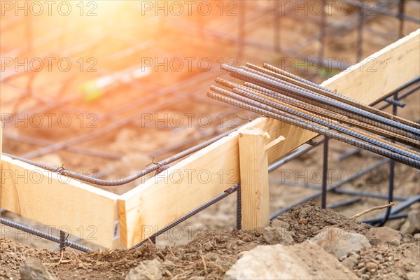 New steel rebar framing abstract at construction site