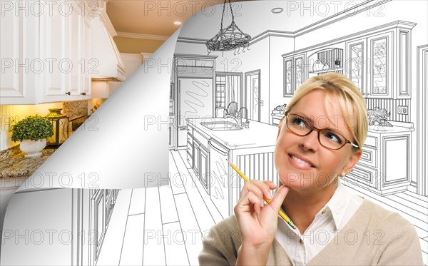 Woman facing kitchen drawing page corner flipping with photo behind