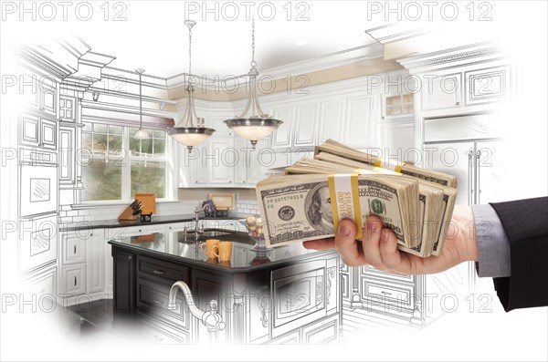 Hand holding stacks of money over custom kitchen design drawing and photo combination
