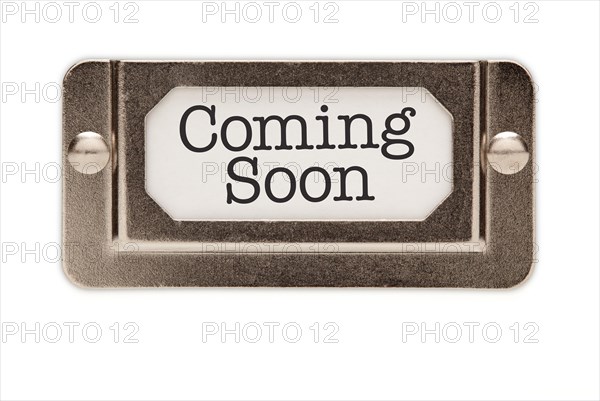 Coming soon file drawer label isolated on a white background