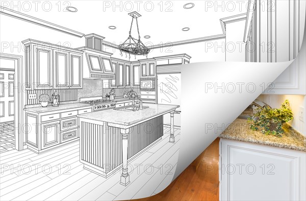 Kitchen drawing page corner flipping with photo behind