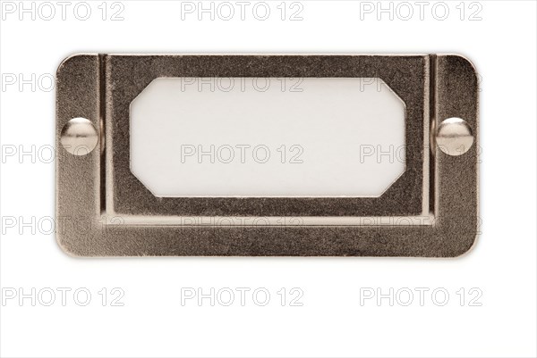 Blank metal file label frame isolated on white ready for your own message